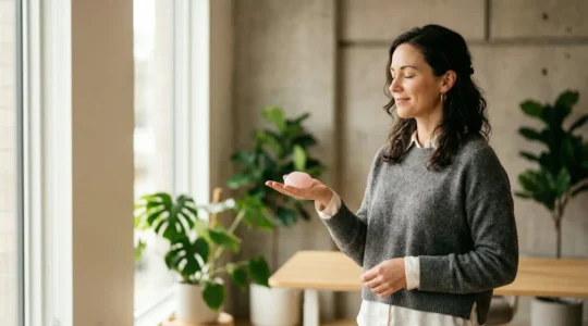 Personne tenant une pierre naturelle dans un environnement professionnel apaisant symbolisant l'équilibre bien-être et performance