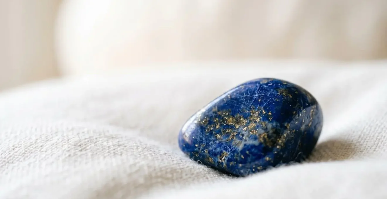 Pierre de lapis lazuli bleu profond utilisée dans un rituel de méditation créative