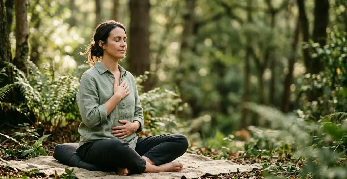 Personne pratiquant la respiration consciente dans un environnement serein pour libérer son énergie vitale