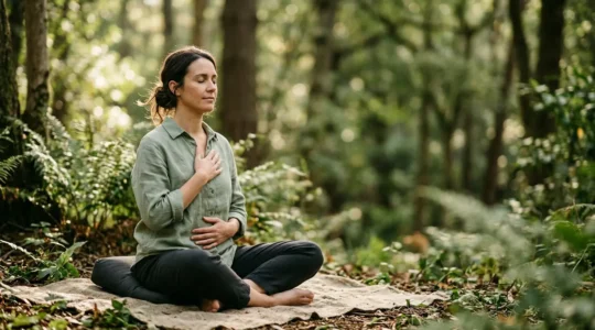 Personne pratiquant la respiration consciente dans un environnement serein pour libérer son énergie vitale