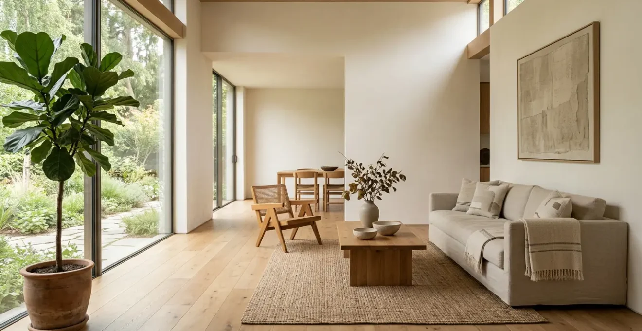 Intérieur d'un espace de vie moderne baigné de lumière naturelle avec ambiance apaisante et harmonieuse