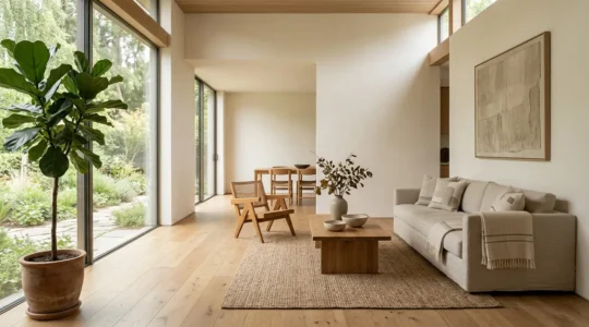 Intérieur d'un espace de vie moderne baigné de lumière naturelle avec ambiance apaisante et harmonieuse