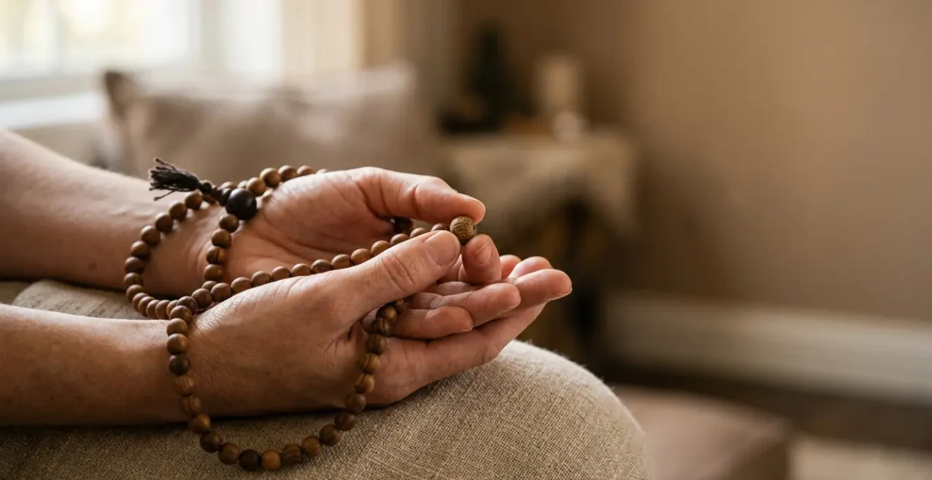 Mains tenant délicatement un mala traditionnel de 108 perles en bois naturel dans une atmosphère zen et apaisante