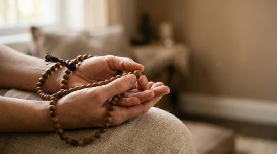Mains tenant délicatement un mala traditionnel de 108 perles en bois naturel dans une atmosphère zen et apaisante