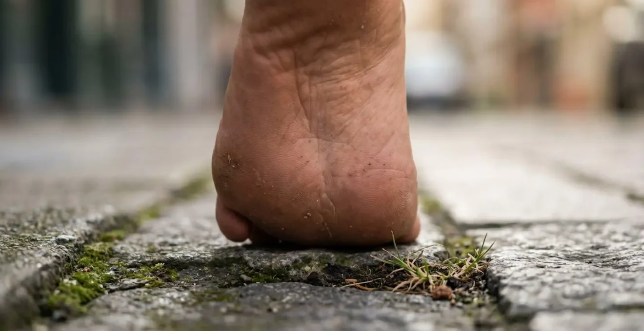 Gros plan sur pieds nus explorant différentes textures de sol urbain pour l'ancrage conscient