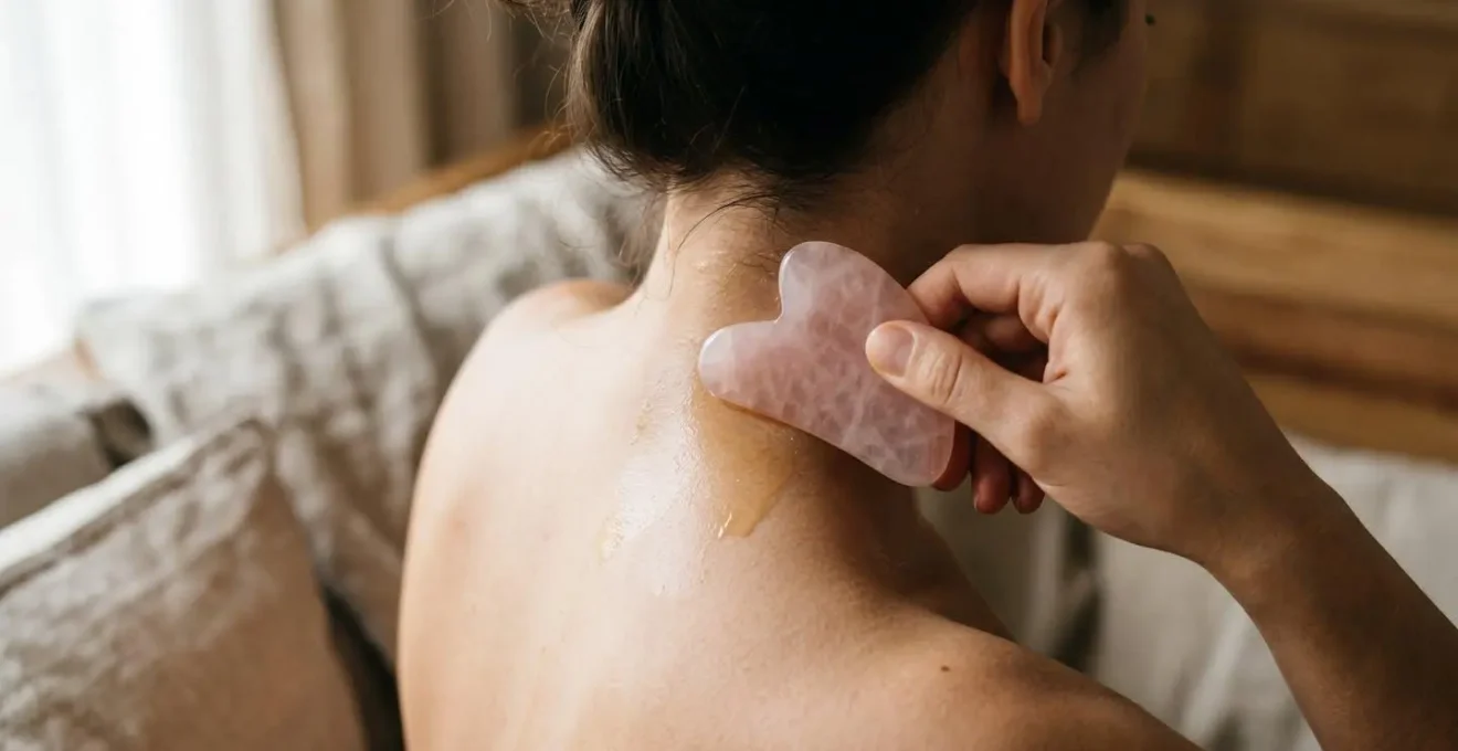 Technique de massage avec un outil Gua Sha en quartz rose appliquant une huile essentielle sur la nuque