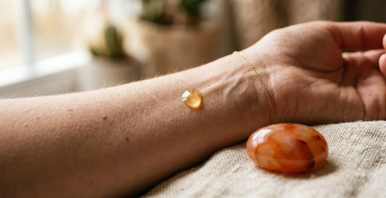 Scène de massage matinal montrant l'application sécuritaire d'huile essentielle de citron diluée avec galet de massage