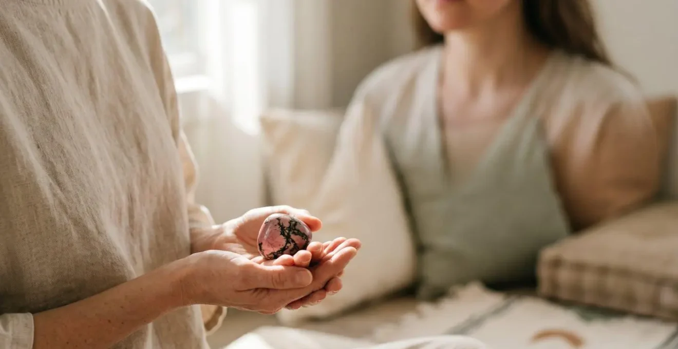 Photographie intimiste d'une méditation avec pierre de rhodonite pour la guérison du cœur