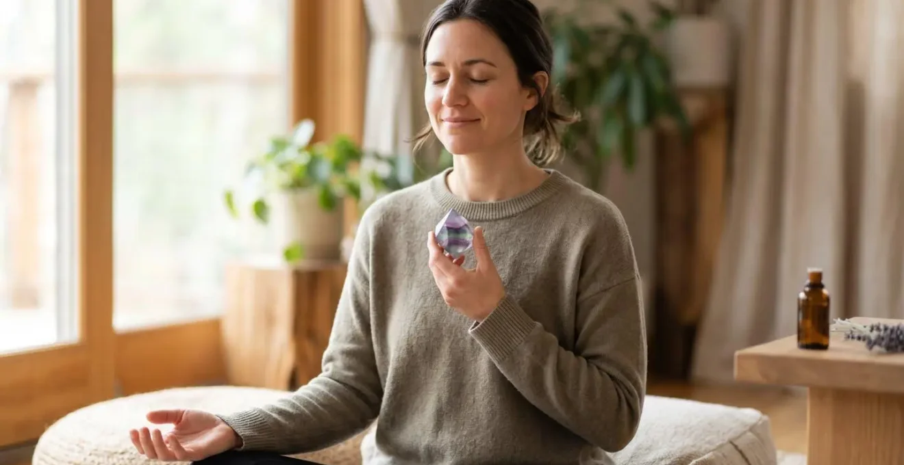 Pratique méditative de concentration avec cristal de fluorite et inhalation d'huile essentielle de citron