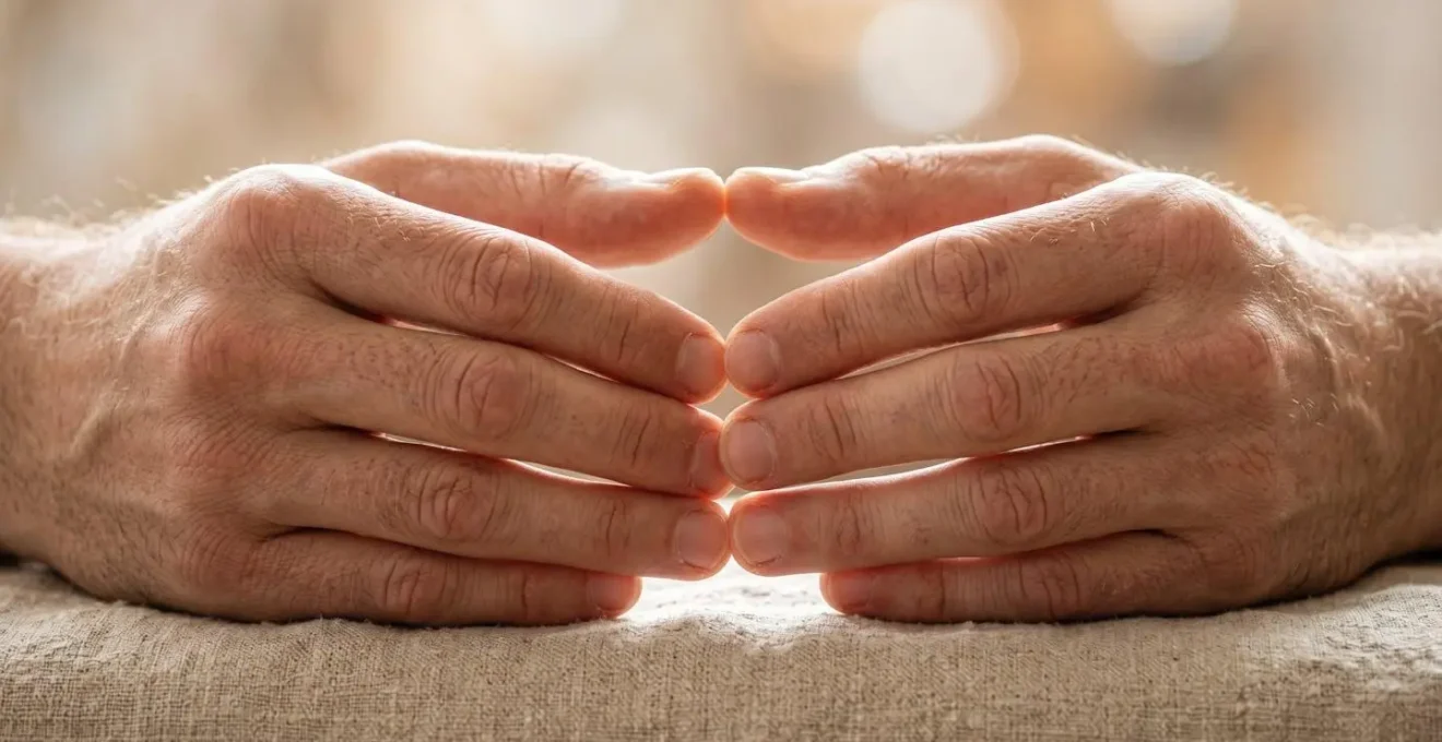Vue macro sur des mains en position de meditation avec une texture de peau authentique et un fond flou evoquant le calme interieur
