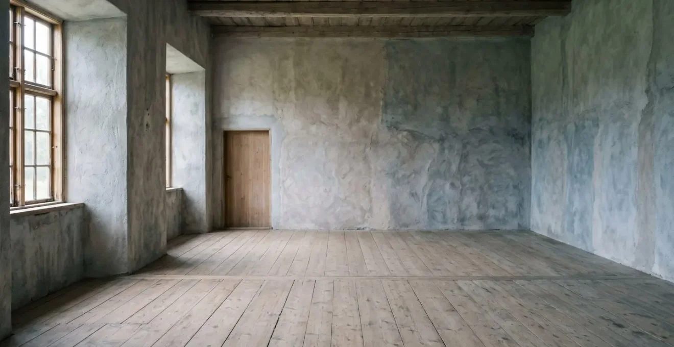 Intérieur de maison vide avec lumière douce révélant la texture des murs anciens