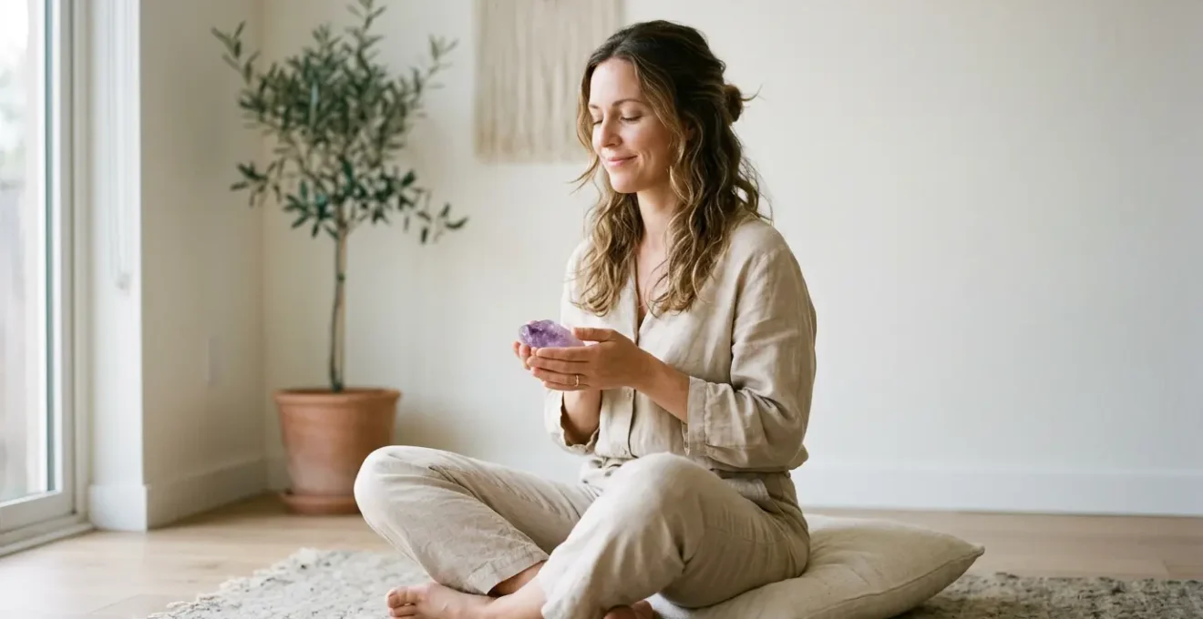 Parent serein tenant une pierre naturelle dans un espace calme de la maison avec lumière douce