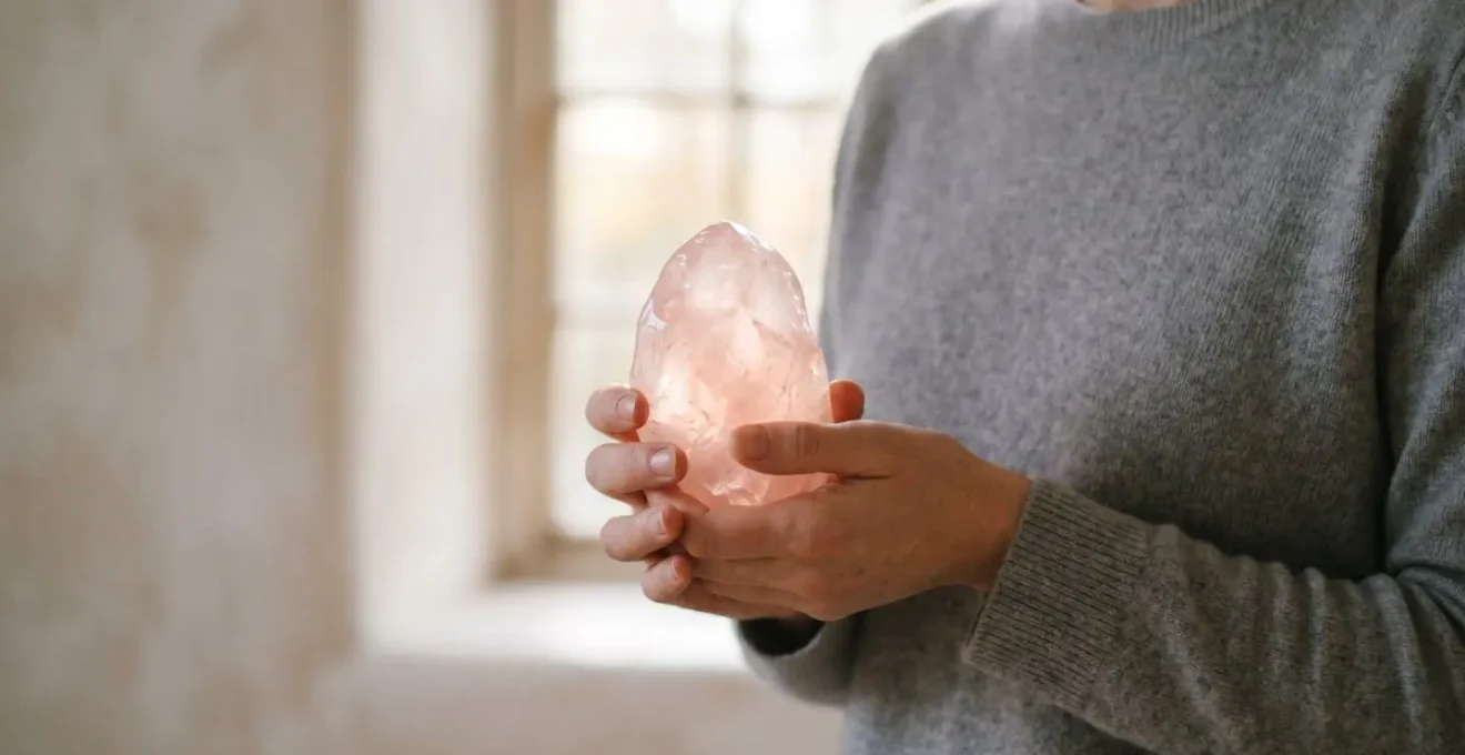 Mains tenant délicatement un quartz rose translucide devant le cœur avec lumière naturelle traversant la pierre