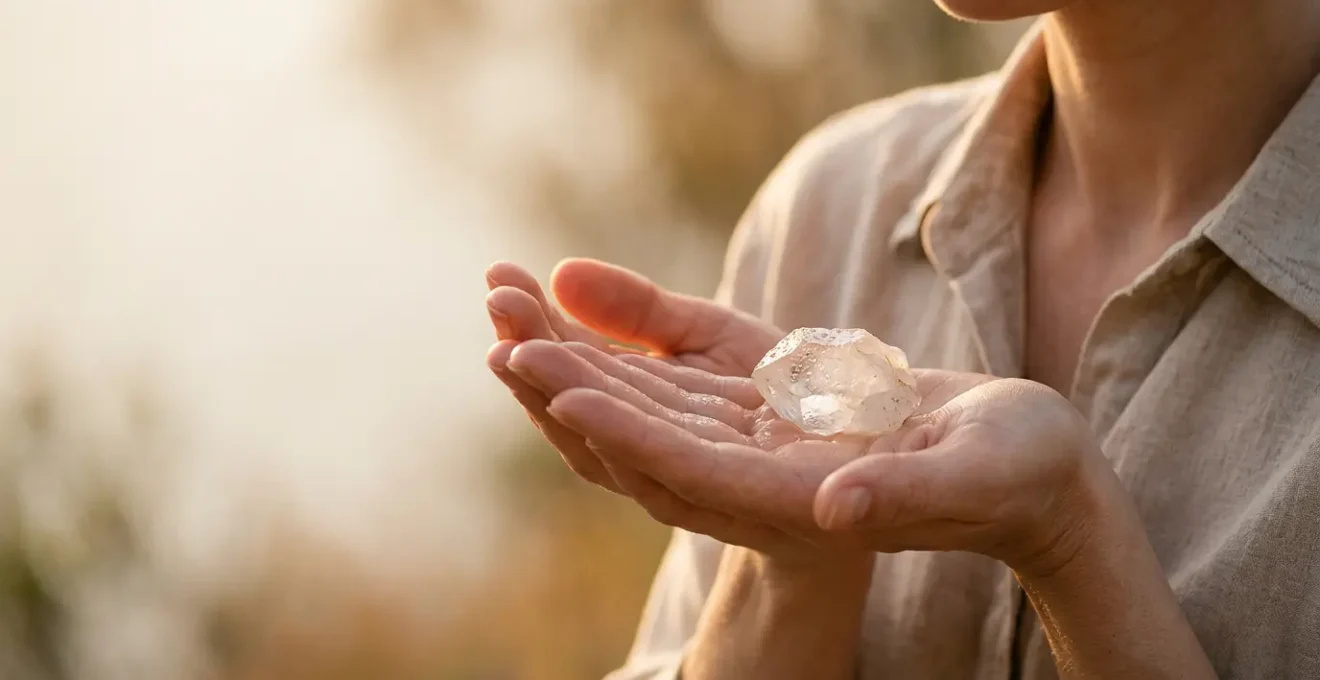 Exploration de la connexion énergétique entre les mains et une pierre naturelle dans une atmosphère méditative