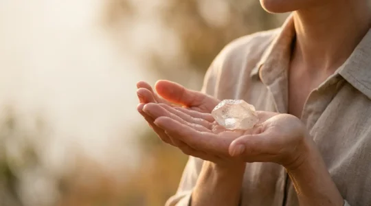 Exploration de la connexion énergétique entre les mains et une pierre naturelle dans une atmosphère méditative