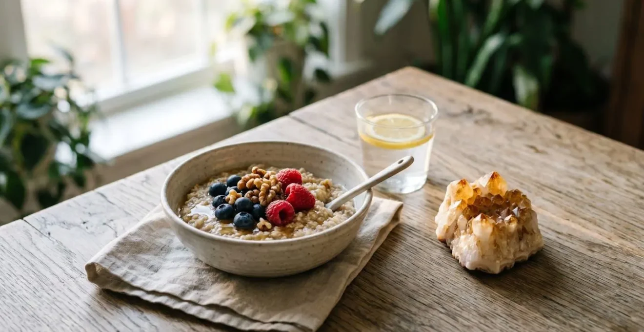 Composition minimaliste d'un petit-déjeuner équilibré avec pierre de citrine sur table en bois