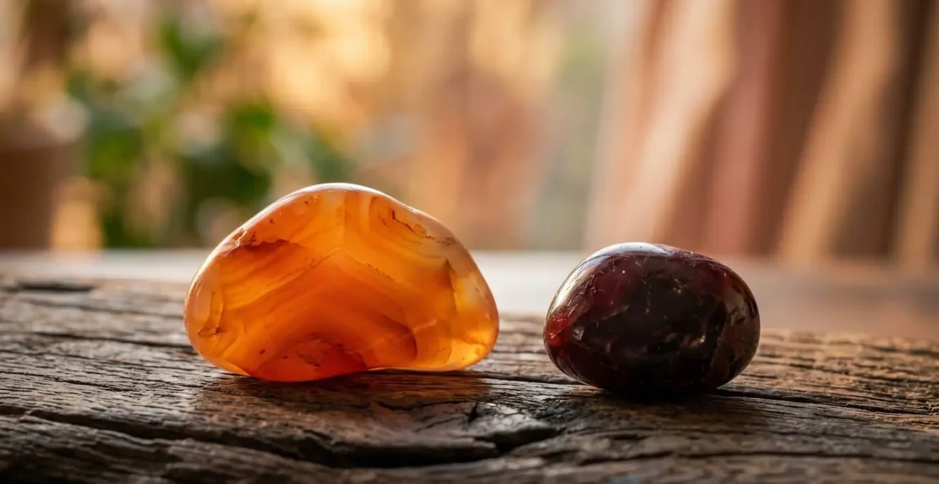 Gros plan de pierres de cornaline orange et grenat rouge sur surface naturelle au lever du soleil