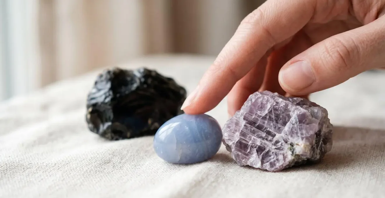 Gros plan sur des pierres de lithothérapie aux textures naturelles utilisées pour le soulagement émotionnel immédiat