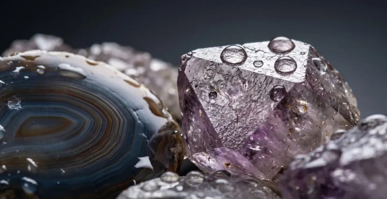 Gros plan sur des cristaux de quartz et agate résistants à l'eau