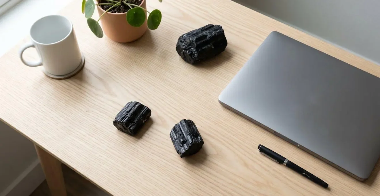 Disposition stratégique de pierres de tourmaline noire sur un espace de travail minimaliste