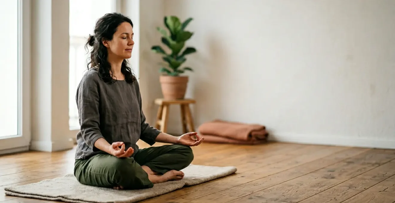 Personne pratiquant le pranayama en position de meditation, mains en mudra, atmosphere calme et sereine
