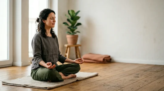 Personne pratiquant le pranayama en position de meditation, mains en mudra, atmosphere calme et sereine