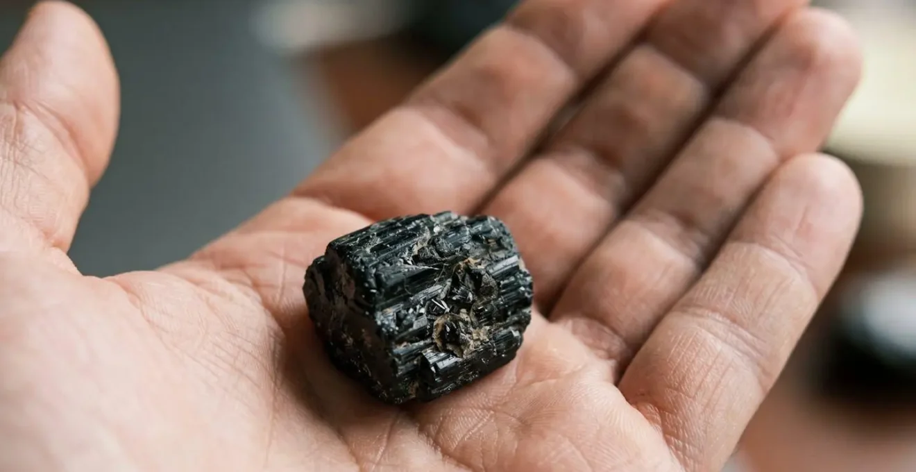 Gros plan sur une main tenant discrètement une pierre de protection noire dans un environnement de bureau
