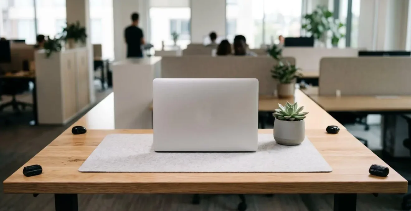 Vue en plongée d'un espace de travail minimaliste avec pierres naturelles disposées stratégiquement créant une atmosphère de calme