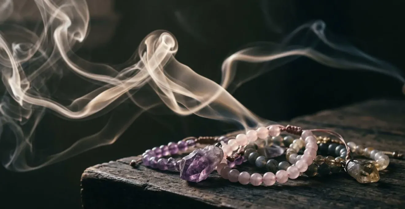 Purification énergétique de bijoux en pierres naturelles par fumigation de sauge