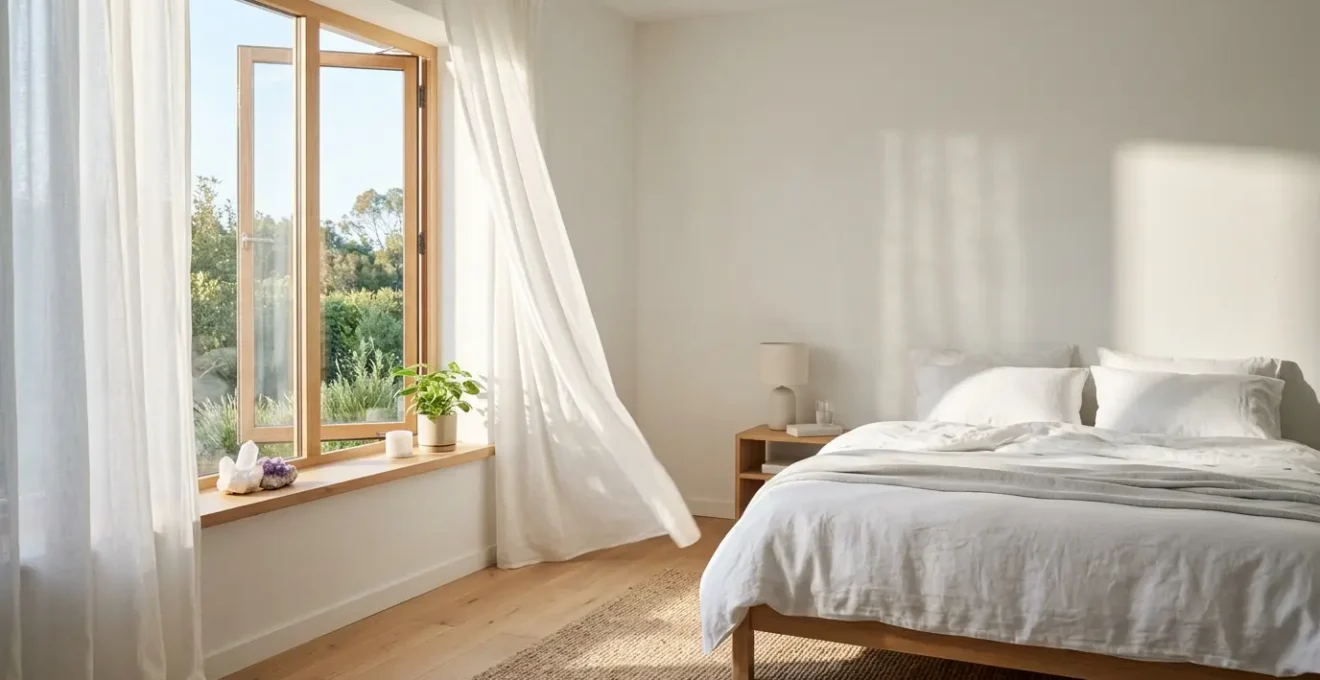 Chambre baignée de lumière naturelle avec fenêtre ouverte et atmosphère purifiée après assainissement énergétique