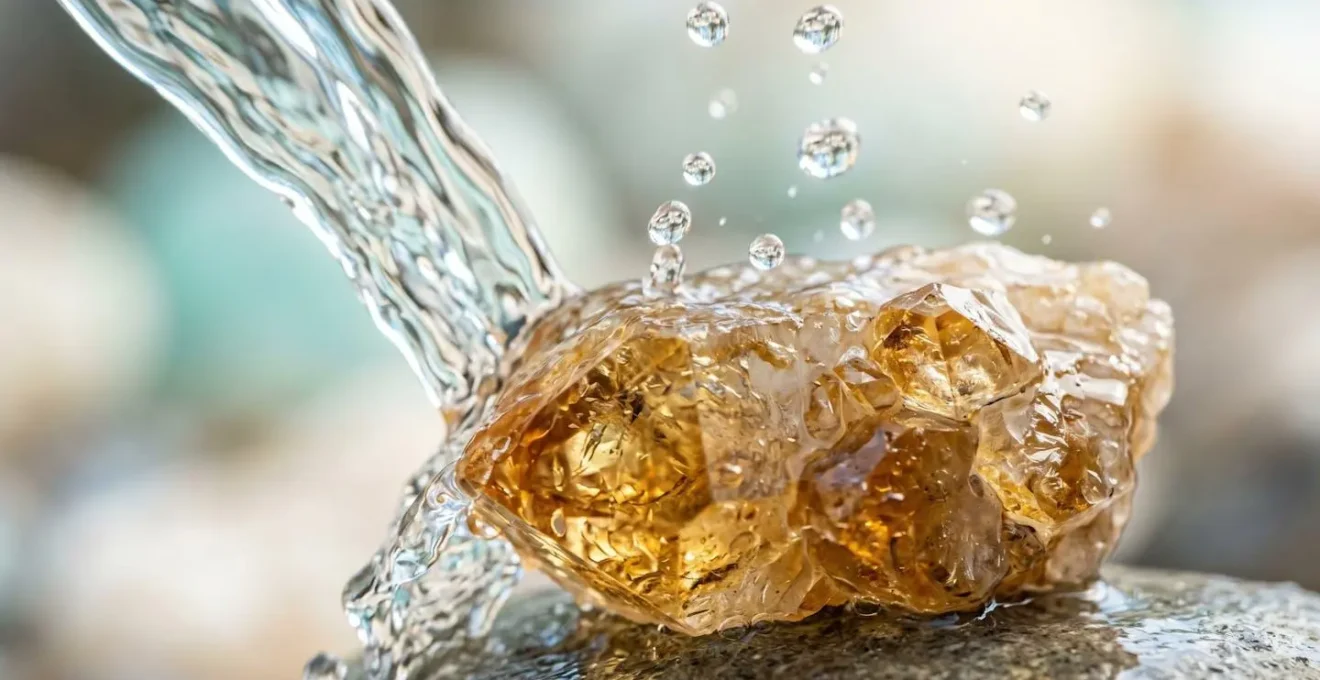 Pierre de citrine sous filet d'eau cristalline symbolisant purification et libération du stress accumulé