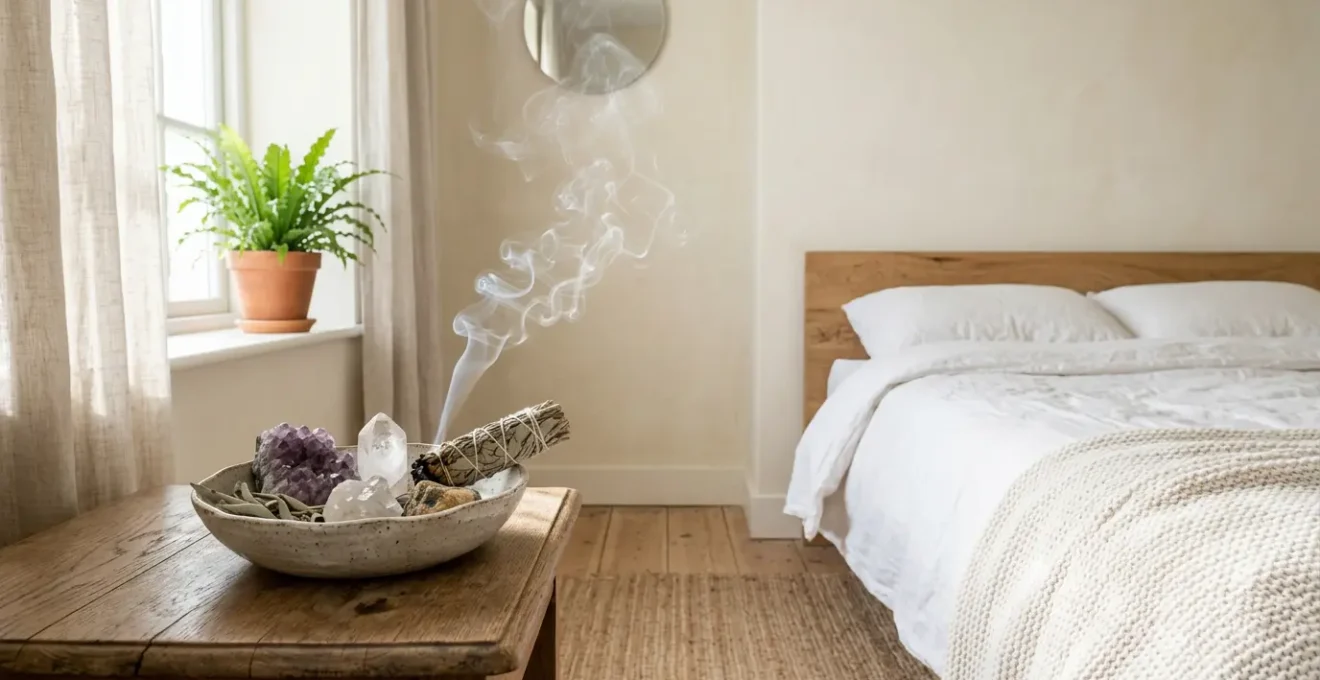 Purification énergétique d'une chambre avec des cristaux et fumigation naturelle pour assainir l'espace