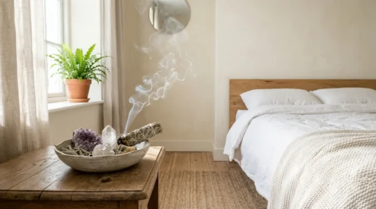 Purification énergétique d'une chambre avec des cristaux et fumigation naturelle pour assainir l'espace