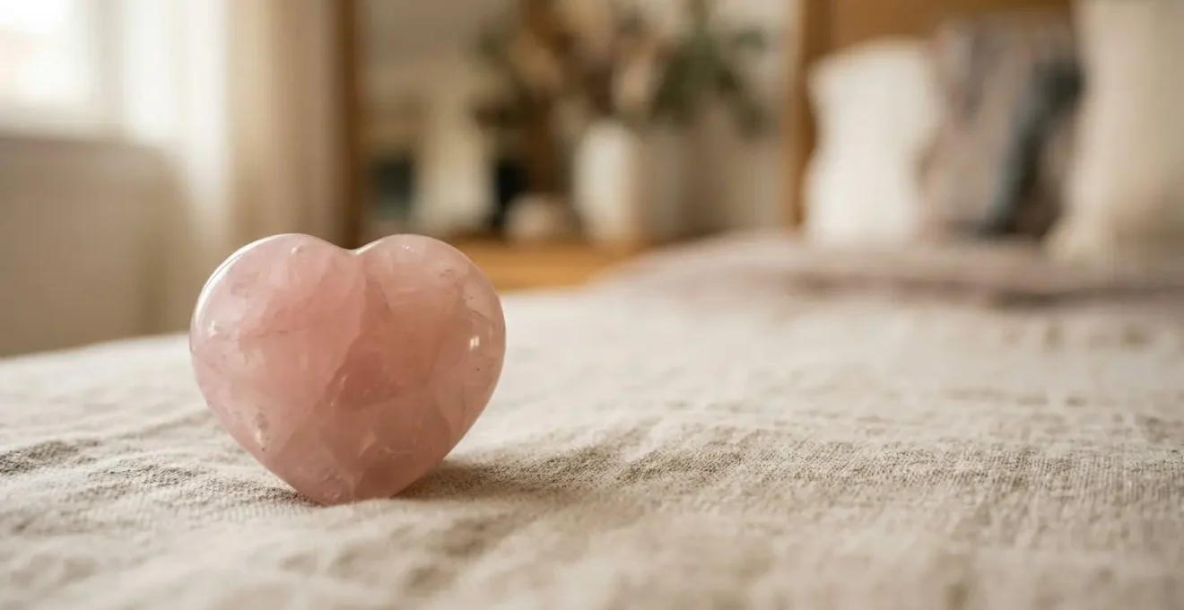 Un galet de quartz rose dans une ambiance douce et apaisante évoquant les relations de couple