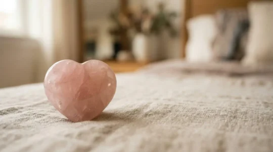 Un galet de quartz rose dans une ambiance douce et apaisante évoquant les relations de couple