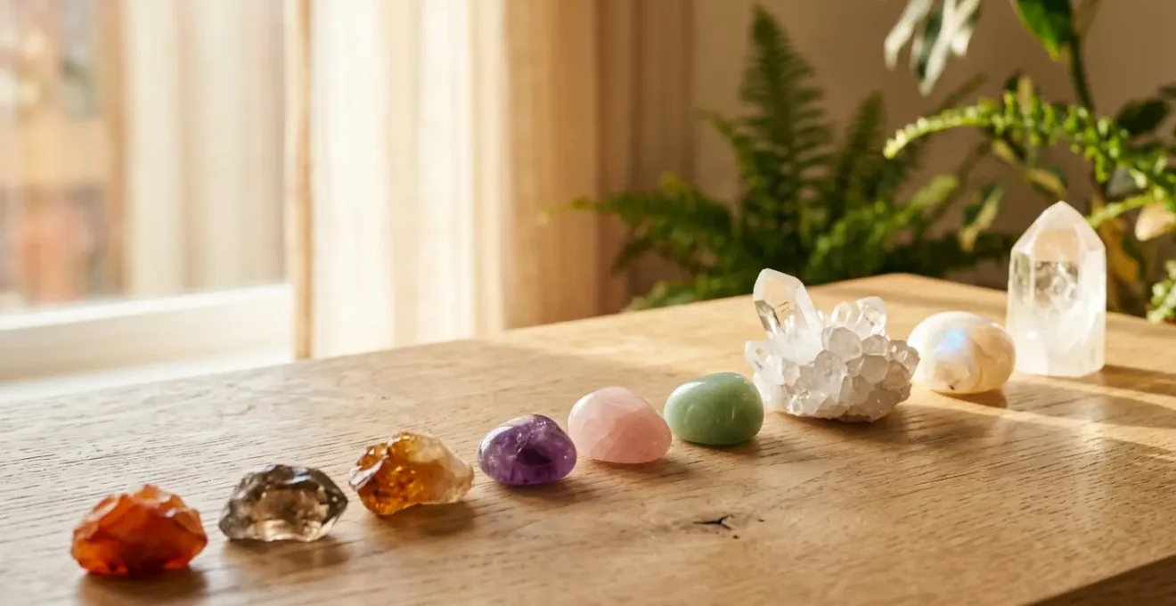 Composition minimaliste evoquant la renaissance de la force vitale avec des pierres naturelles dans une atmosphere lumineuse et sereine