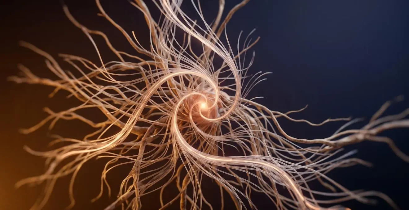 Visualisation abstraite et organique évoquant les réseaux neuronaux du cerveau lors de la méditation