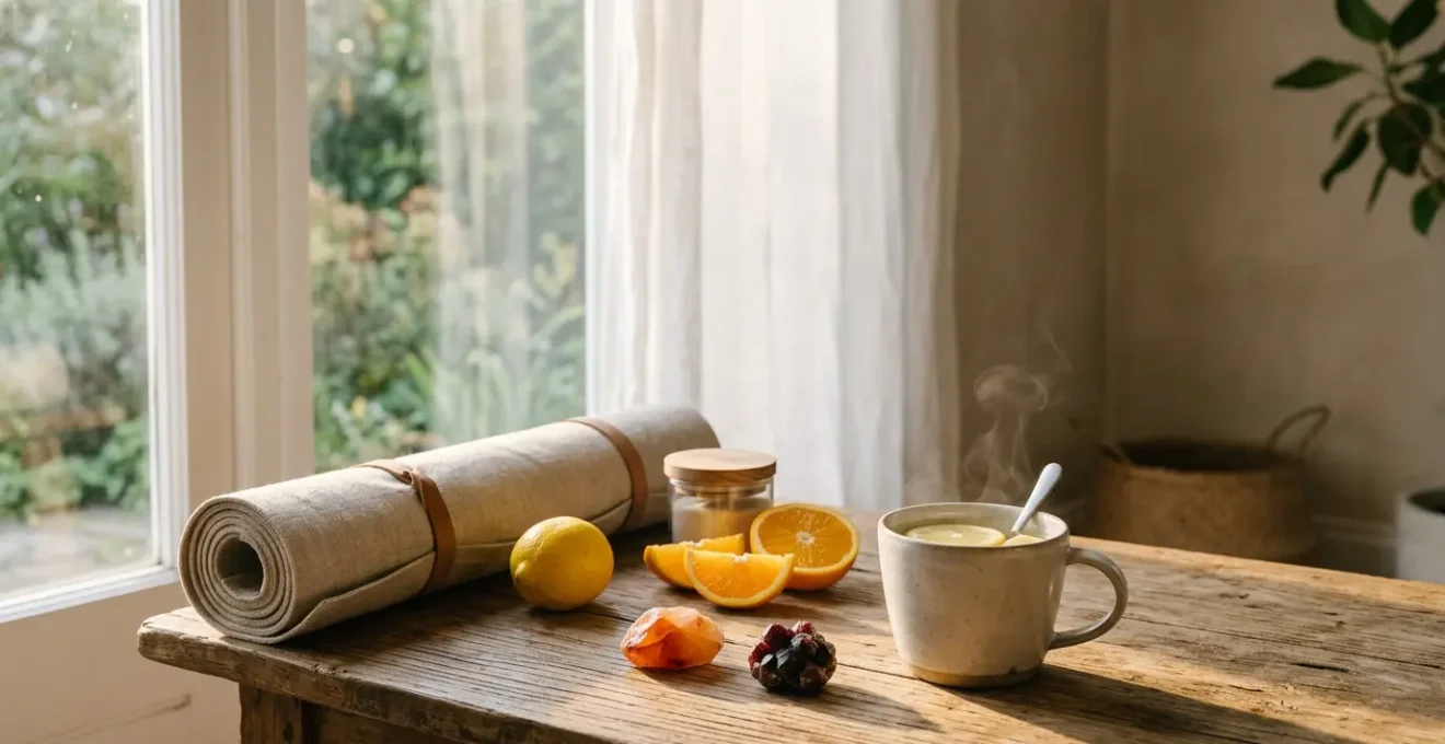 Scène paisible d'un matin ensoleillé avec lumière naturelle et ambiance zen