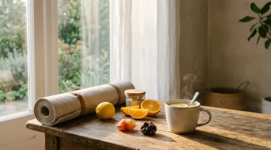 Scène paisible d'un matin ensoleillé avec lumière naturelle et ambiance zen