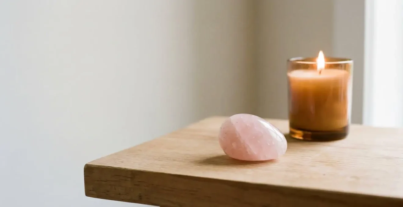 Mise en scène d'un rituel de pardon avec quartz rose et bougie dans une atmosphère méditative