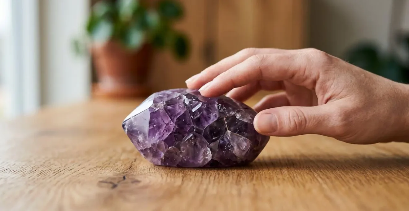 Gros plan sur une main posée délicatement sur une pierre naturelle disposée sur un bureau minimaliste avec lumière douce