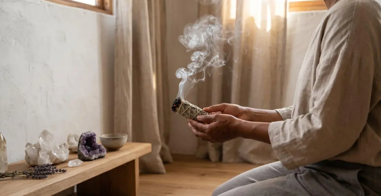Scène de purification énergétique d'un intérieur avec fumigation naturelle et cristaux