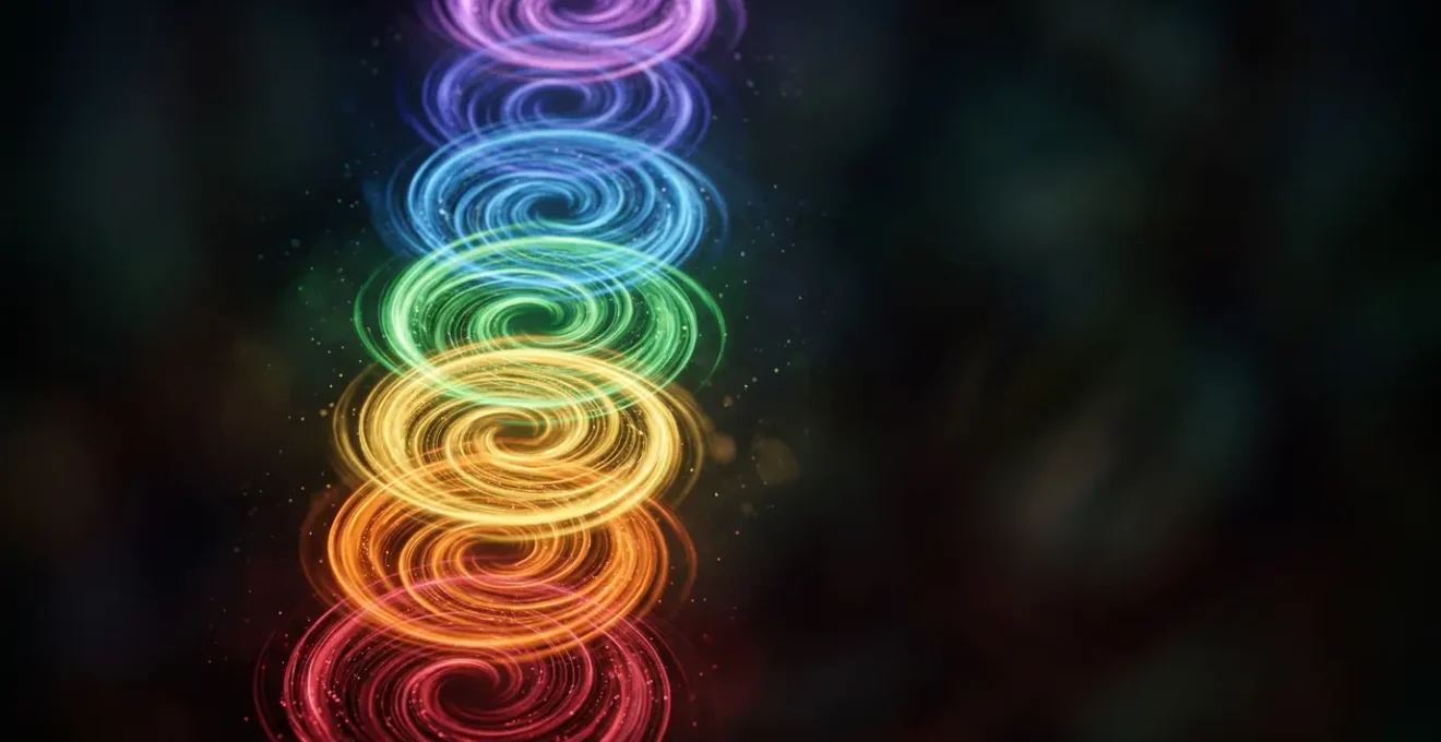 Représentation abstraite et métaphorique des centres énergétiques en rotation illustrant la vitalité et le flux d'énergie vitale