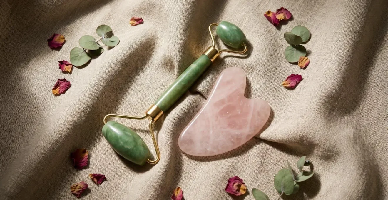 Composition symbolique contrastant un rouleau de jade et un gua sha en quartz rose représentant la dualité Yin-Yang des énergies