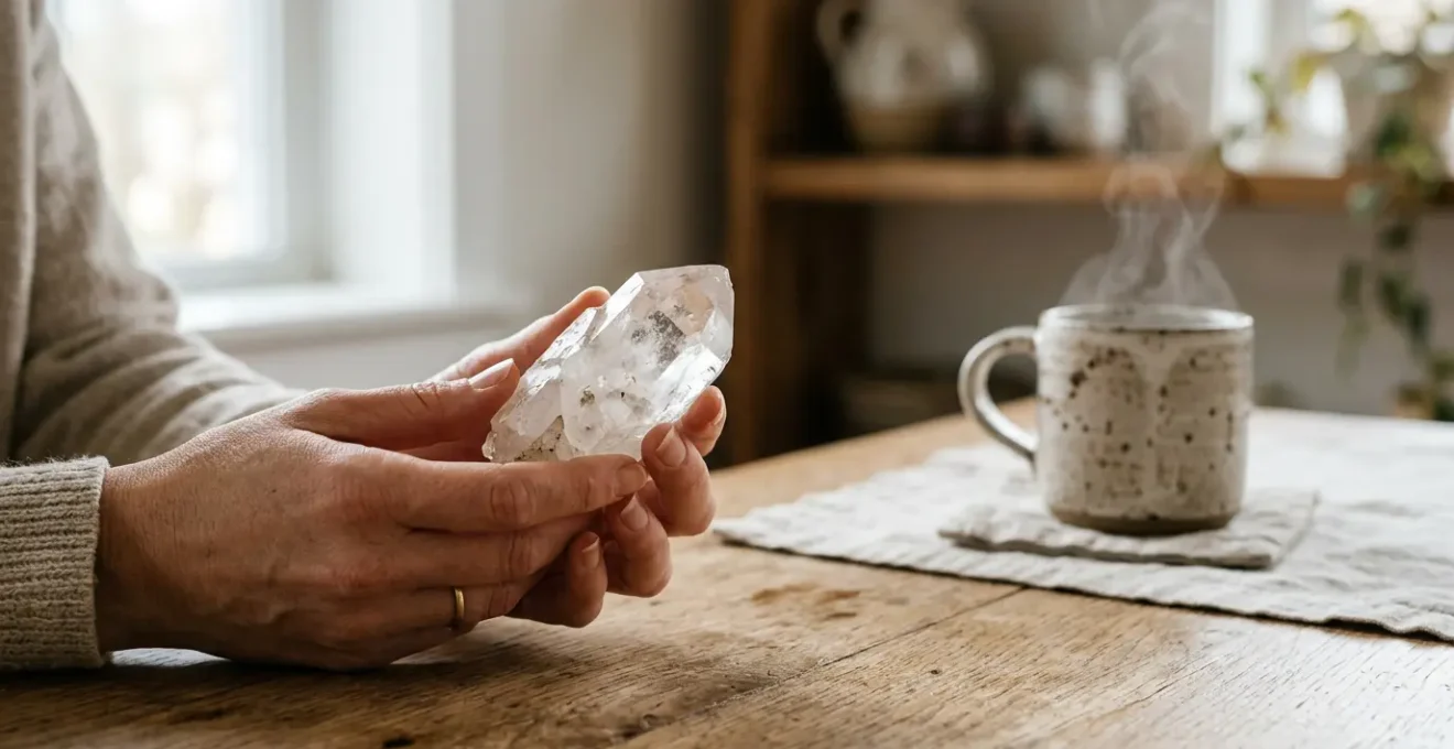 Une composition atmosphérique montrant des mains tenant délicatement une pierre naturelle au-dessus d'une surface domestique épurée, avec une lumière douce naturelle