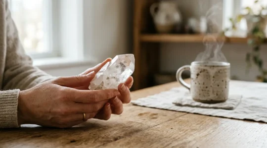 Une composition atmosphérique montrant des mains tenant délicatement une pierre naturelle au-dessus d'une surface domestique épurée, avec une lumière douce naturelle