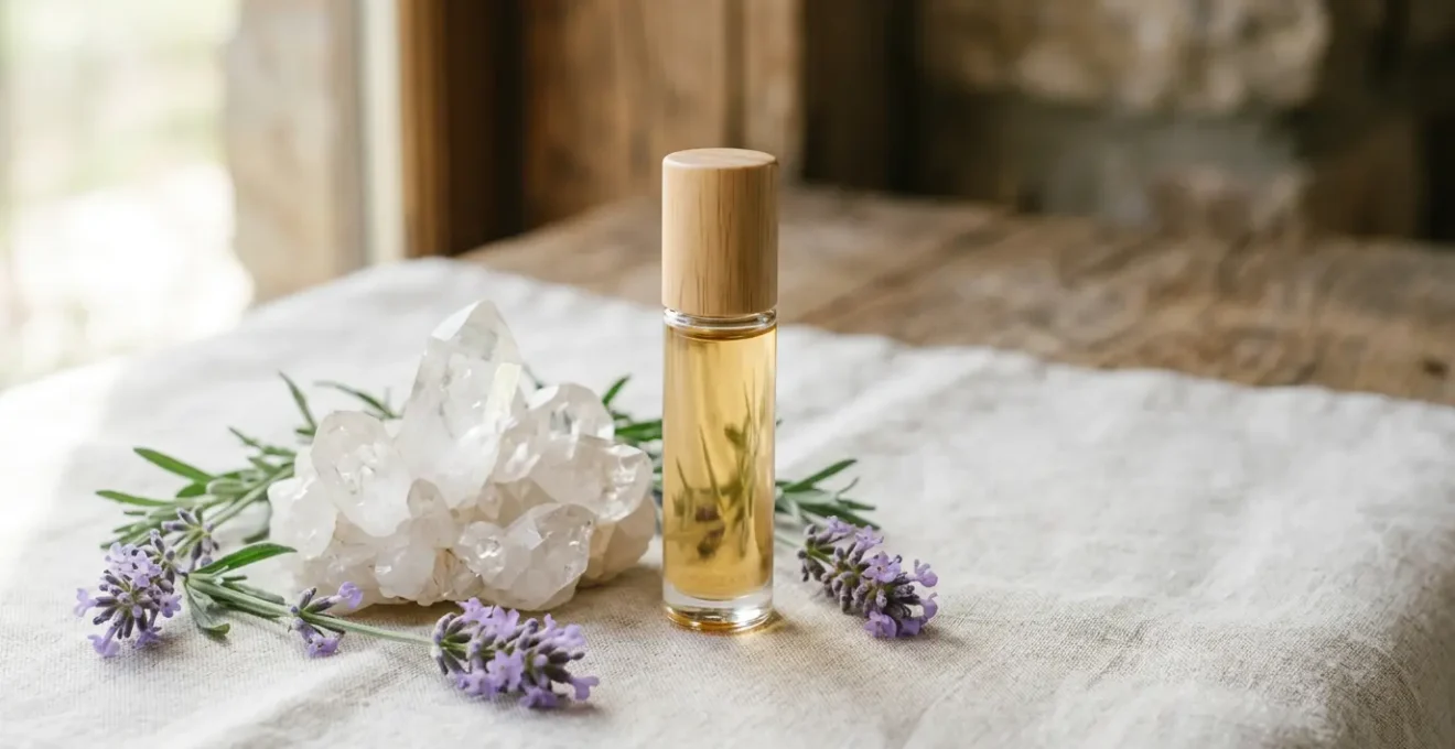 Composition apaisante associant cristaux de quartz et huiles essentielles pour un bien-être énergétique immédiat