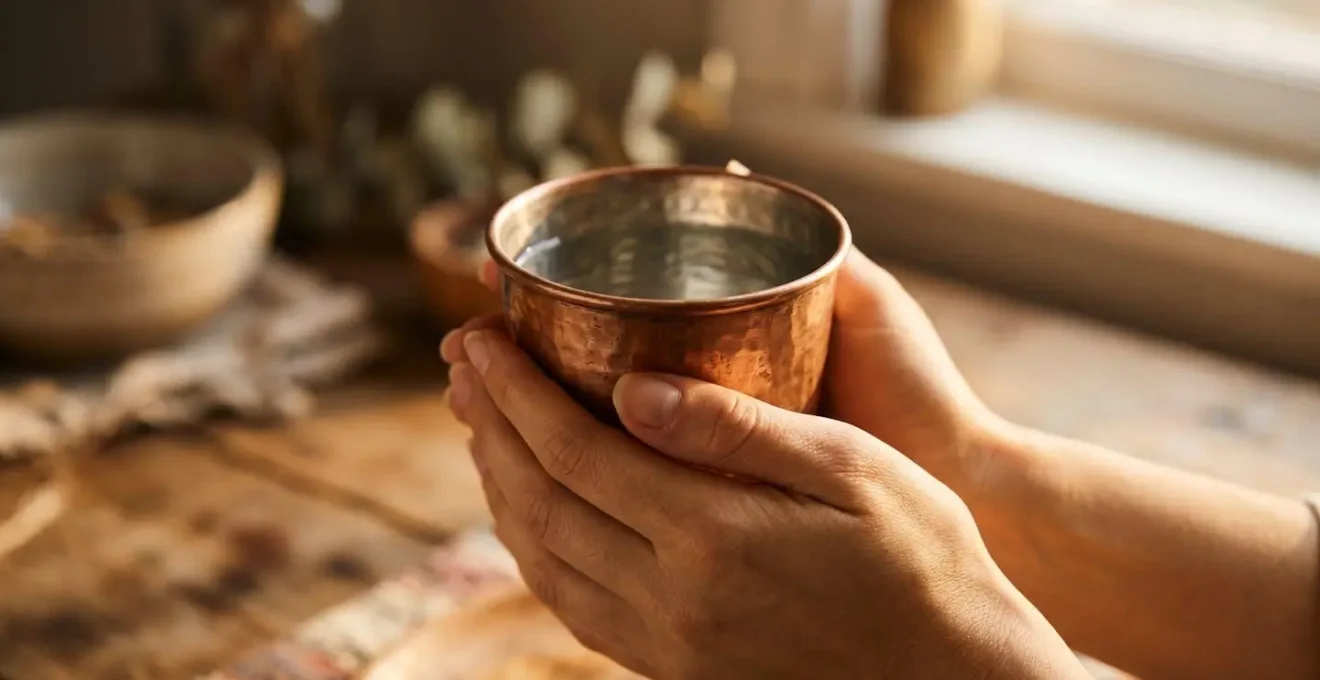 Gobelet en cuivre artisanal contenant de l'eau tiède sur une surface en bois avec lumière matinale dorée
