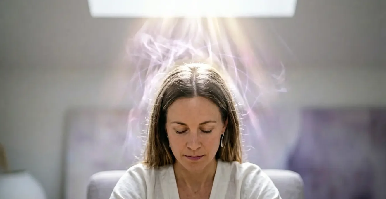 Vue sereine d'un sommet de crane humain dans une atmosphere de bien-etre spirituel avec energie subtile