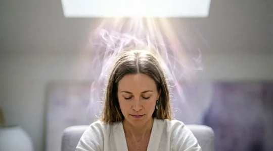Vue sereine d'un sommet de crane humain dans une atmosphere de bien-etre spirituel avec energie subtile